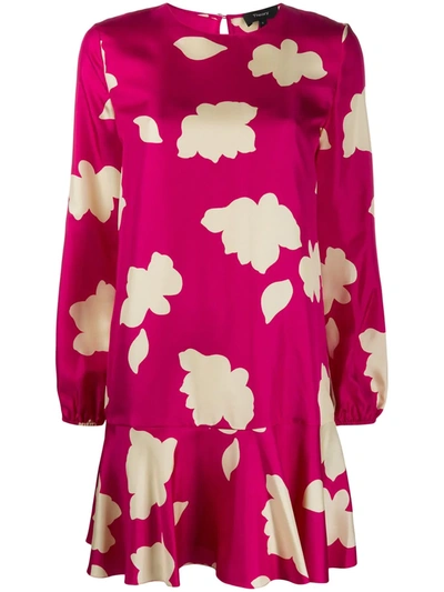 Theory Fluted Printed Silk-twill Mini Dress In Pink