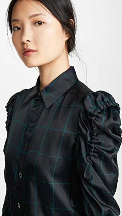 Toga Puff Sleeve Check Print Shirt In Green