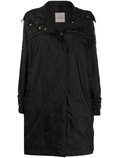 Moncler 'prasin' Stud Embellished Hooded Nylon Trench Coat In Black