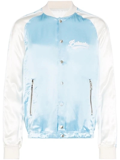 Balmain Logo Embroidered Panelled Satin Bomber Jacket In Blue