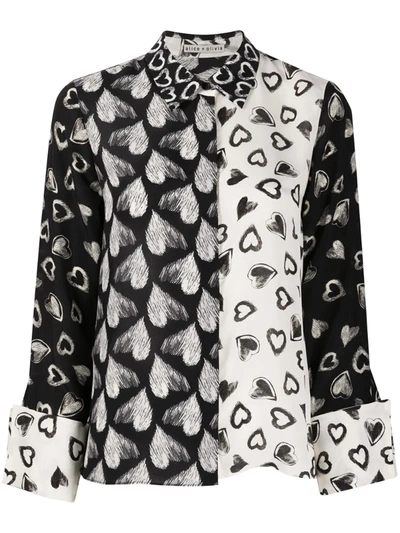 Alice And Olivia Willa Sketched Hearts Silk Blouse In Black And White