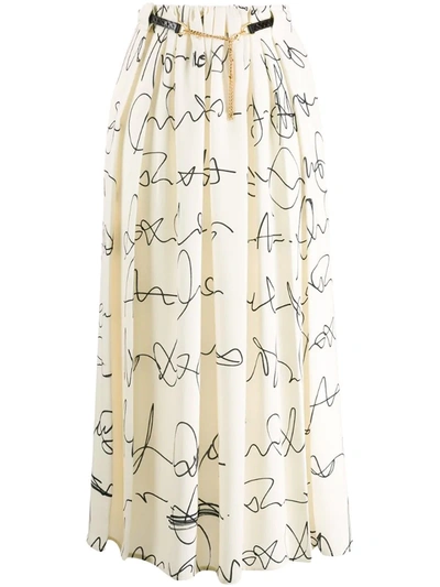 Victoria Beckham Scribble Print Front Drape Belted Skirt In White