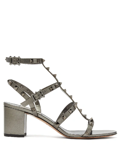 Valentino Garavani Women's Rockstud Metallic Leather Block Heel Sandals In Gunmetal