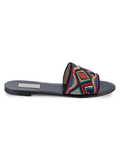 Valentino Garavani Beaded Leather Slides In Multi