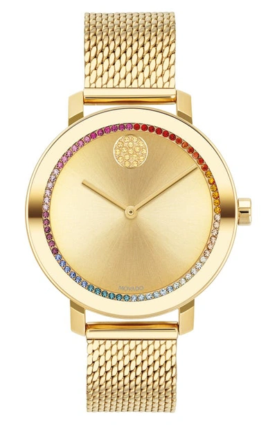 Movado Women's Bold Evolution Yellow Gold Ip & Rainbow Crystal Mesh Bracelet Watch