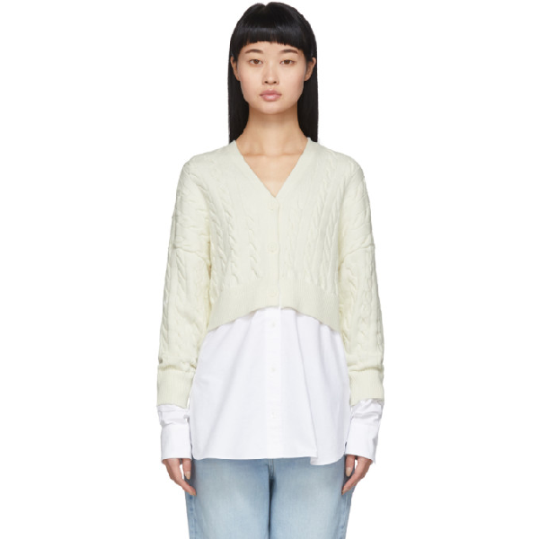 Alexander Wang T Cable Knit Bi Layer V Neck Oxford Shirting Cardigan Top In 106 Ivory Modesens