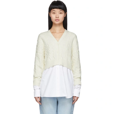 Alexander Wang T Cable Knit Bi Layer V Neck Oxford Shirting Cardigan Top In 106 Ivory