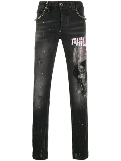 Philipp Plein Super Straight-cut Skull Crystal Jeans In Black