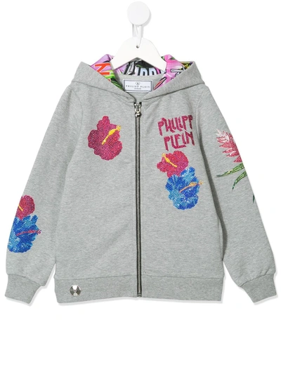 Philipp Plein Junior Kids' Embellished Logo Hoodie In Grey