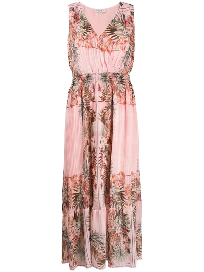 Liu •jo Pleated Floral Print Maxi Dress In Pink