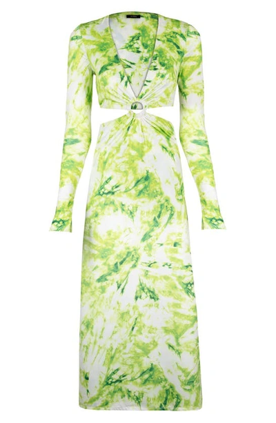 Afrm Lola Leopard Print Cutout Detail Long Sleeve Midi Dress In Lime Marine Tie Dye