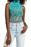 Afrm Holt Sleeveless Turtleneck Mesh Top In Teal Ombre Tie Dye