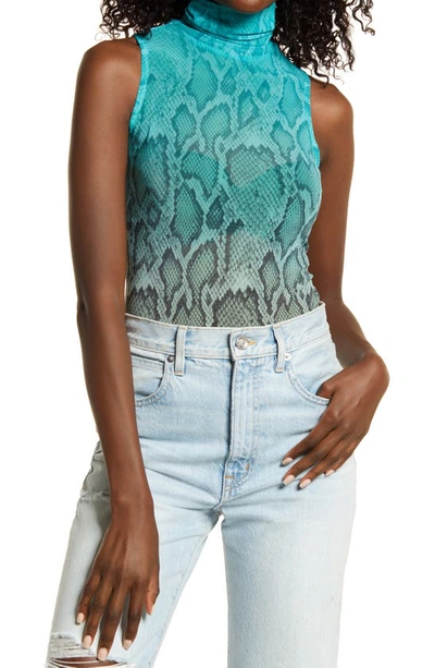 Afrm Holt Sleeveless Turtleneck Mesh Top In Teal Ombre Tie Dye