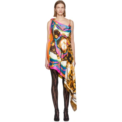 Versace Multicolor Mixed Print Draped Asymmetric Dress