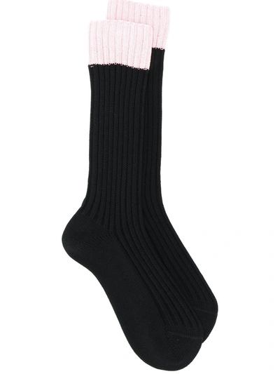 Prada Two-tone Ribbed Socks In Black
