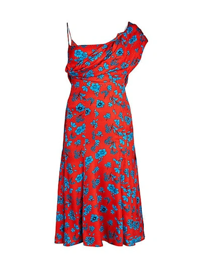 Versace One-shoulder Draped Floral Dress In Red Print