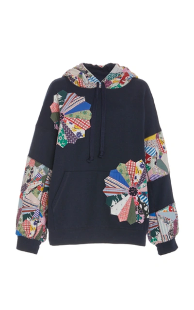 Sea Paloma Patchwork Floral-embroidered Cotton Hoodie In Navy