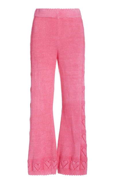Loveshackfancy Toro Pointelle-knit Cotton-terry Flared Pants In Pink