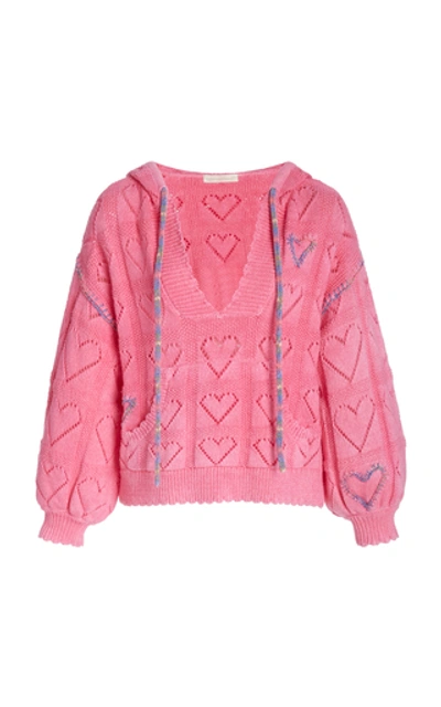 Loveshackfancy Meara Pointelle-knit Cotton-terry Hooded Sweatshirt Siz In Pink