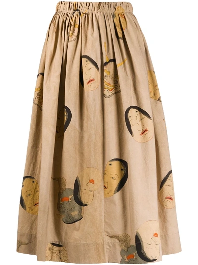 Uma Wang Graphic Print Flared Midi Skirt In Neutrals