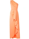 Black Halo One-shoulder Fluted Ruffle Gown In Neon Apricot