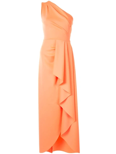 Black Halo One-shoulder Fluted Ruffle Gown In Neon Apricot