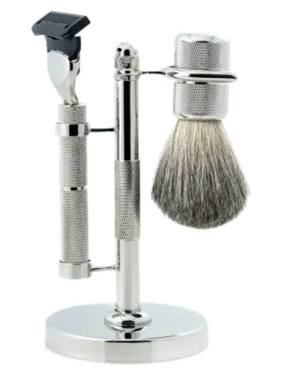 Bey-berk 3-piece Fusion Razor, Badger Hair Shaving Brush & Stand Set In Silver