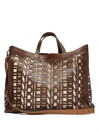 Fendi Cut-out Logo Leather Shopper Bag In Marrone