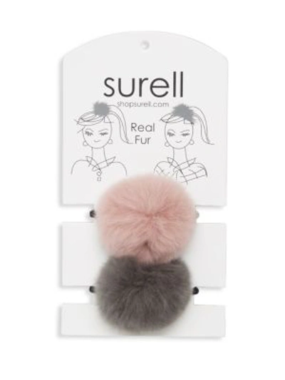 Surell Rabbit Fur Pom Pom Hair Tie In Navy Wine