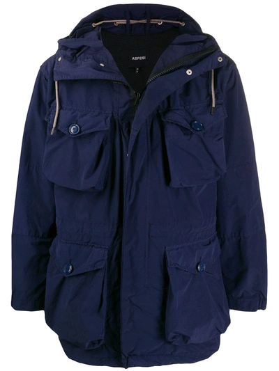 Aspesi Hooded Multi-pocket Raincoat In Blue