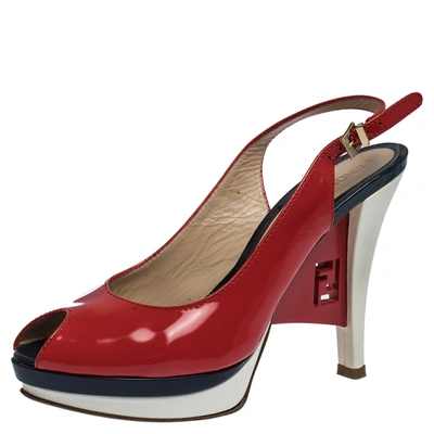 Pre-owned Fendi Tricolor Patent Leather Decollete Slingback Ff Wedge Sandals Size 38 In Red