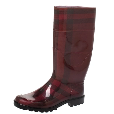 Pre-owned Burberry Red Novacheck Rubber Rain Boots Size 38