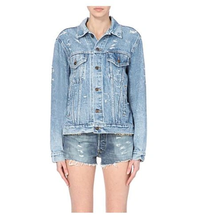 Forte Couture Love Embroidered Distressed Denim Jacket In Blue Denim