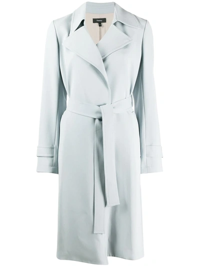 Theory Oaklane Belted Crepe Trench Coat In Sky Blue