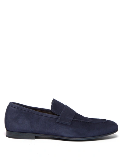 Dunhill Suede Engine Turn Soft Loafers In Navy