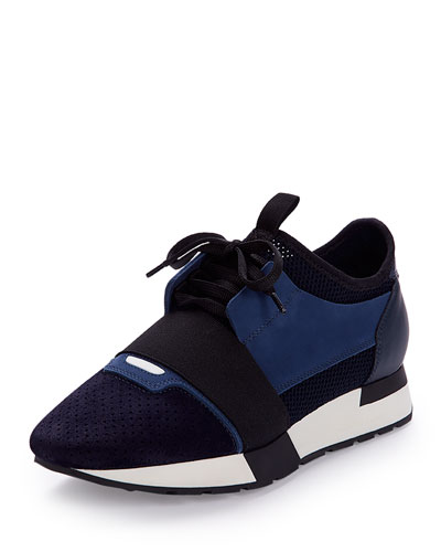 Balenciaga Race Runner Fabric, Leather And Suede Sneakers In Variante Bleue  | ModeSens