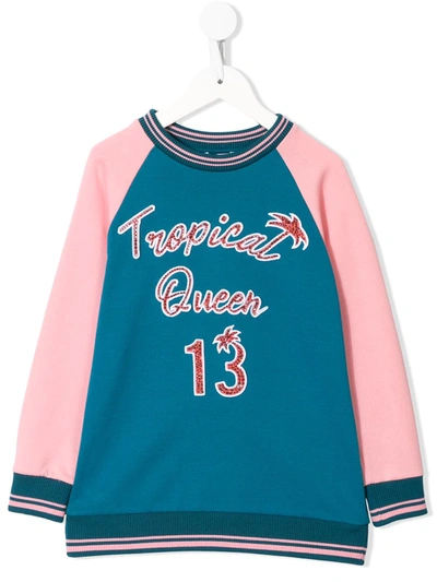 Dolce & Gabbana Kids' Tropical Queen Crystal-embellished Sweatshirt In Blue
