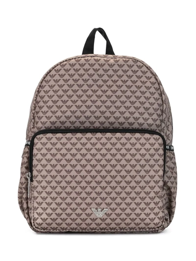 Emporio Armani Kids' All-over Logo Print Backpack In Brown