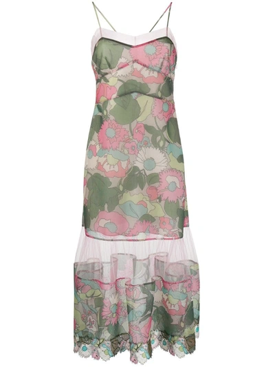 Fendi Windflower-print Tulle-panel Twill Dress In Pink,green