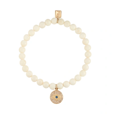 Sheryl Lowe Bone Bracelet With Diamond Evil Eye Charm In Bone/white Diamond