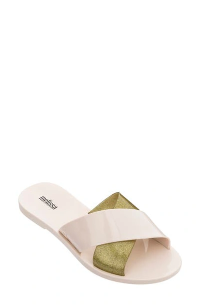 Melissa Essential Slide Sandals In Nude Color And Gold In Beige Glass Glitter