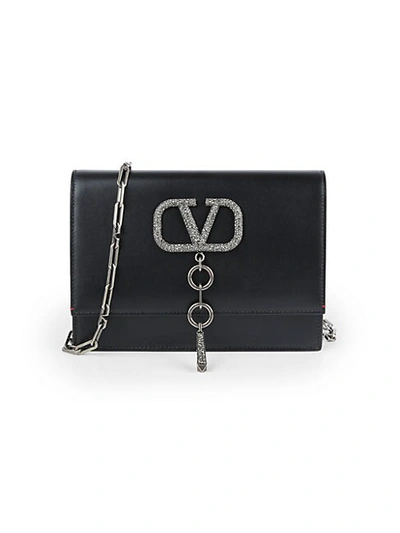 Valentino Garavani Women's Rhinestone Embellished V-ring Leather Crossbody Bag In Black