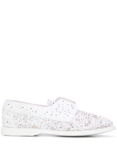 Le Silla Carta Rhinestone-embellished Lace Boat Shoes In White