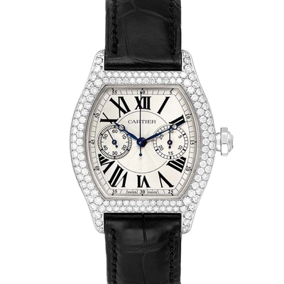 Pre-owned Cartier Silver 18k White Gold And Diamonds Bezel Tortue Monopusher Chronograph 2396g Women's Wristwatch 34x4