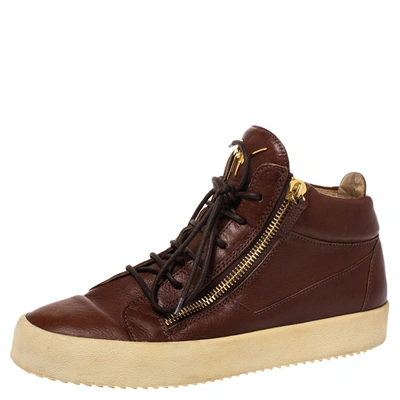 Pre-owned Giuseppe Zanotti Brown Leather Double Zip Lace Up Sneakers Size 43