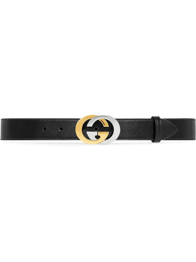 Gucci Bi-colour Gg Buckle Leather Belt In Black