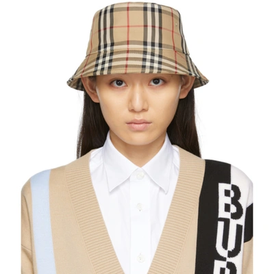 Burberry Reversible Icon Stripe Cotton Bucket Hat In Brown