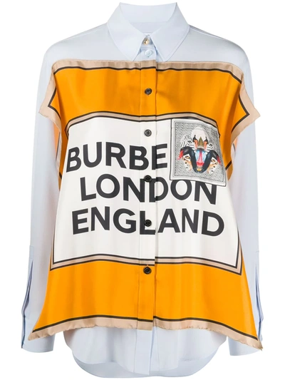 Burberry Montage Logo Print Silk Button-up Shirt In Light Blue,orange,black