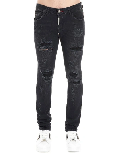Philipp Plein Super Straight Cut Destroyed Jeans In Black