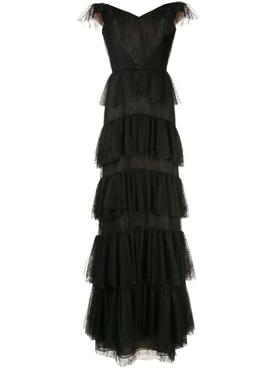Marchesa Notte Off-shoulder Lace Gown In Black